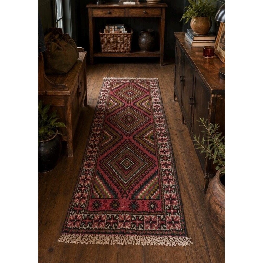 Vintage Hand-Knotted Wool Runner Rug – Diamond Medallion Design, 2.3x6.4 Ft